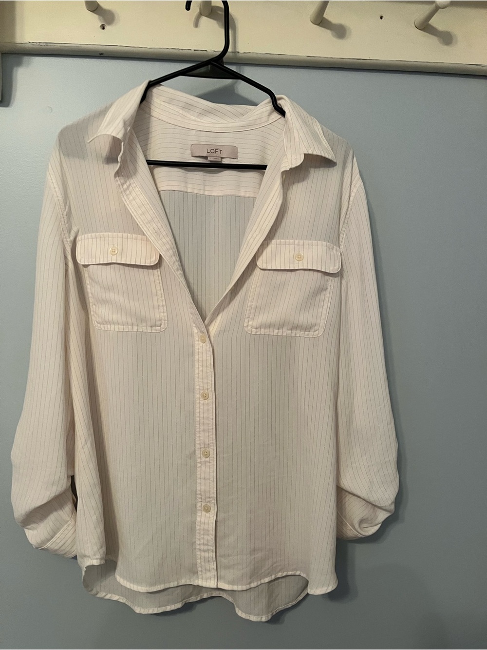 LOFT Cream Pinstriped Button-Front Blouse